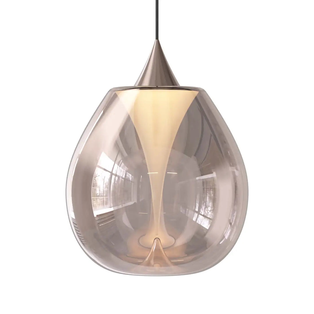 Suspension bond en verre soufflé avec corps en ambre translucide et sommet métallique brossé teardrop shape