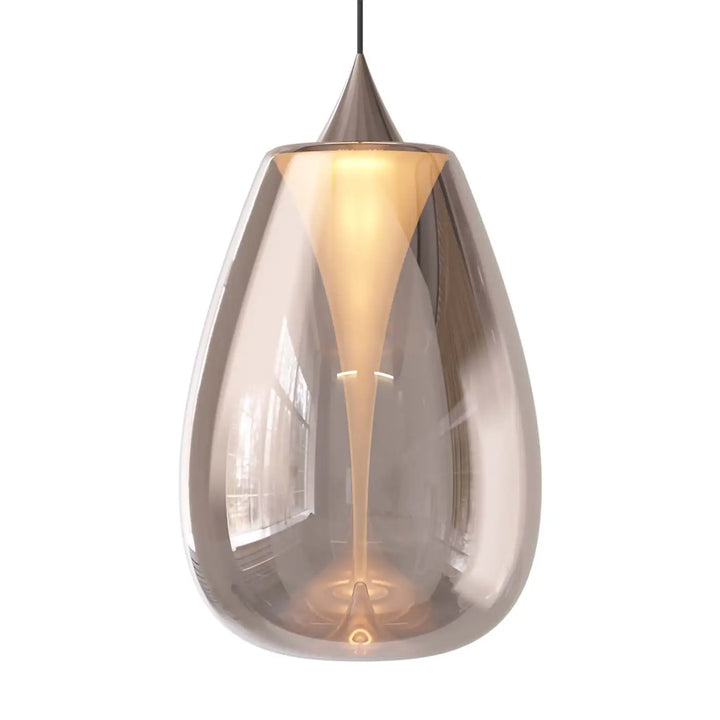 Suspension bond en verre soufflé fumé avec lumière ambre chaude en forme de goutte élégante double disque convexe