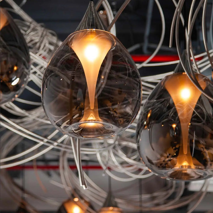 Suspension luminaire bond en verre soufflé avec pendentif en verre teardrop amber à panneaux clairs et givrés double disque convexe