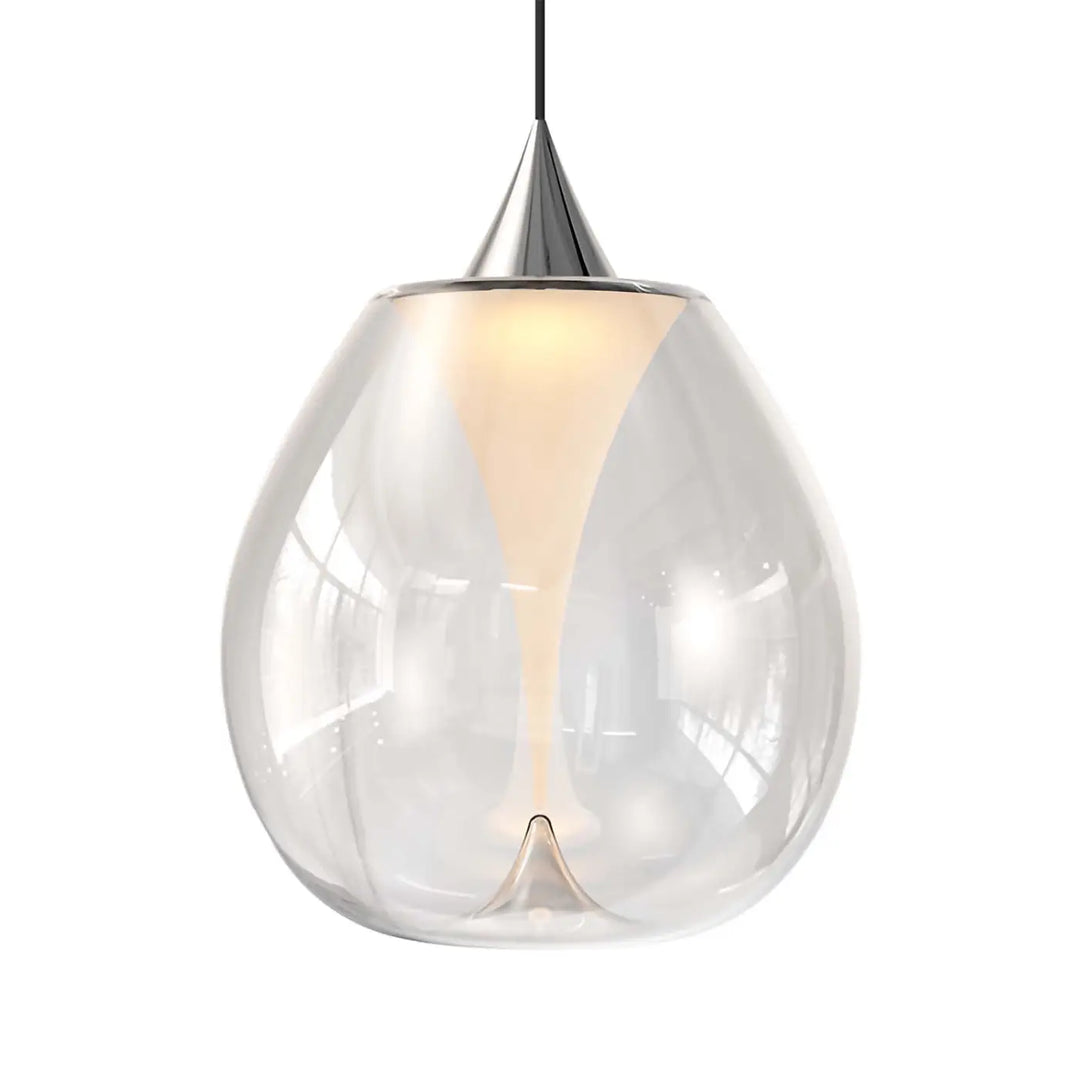 Suspension luminaire bond en verre soufflé clair avec design goutte d eau et dessus chrome poli double disque convexe