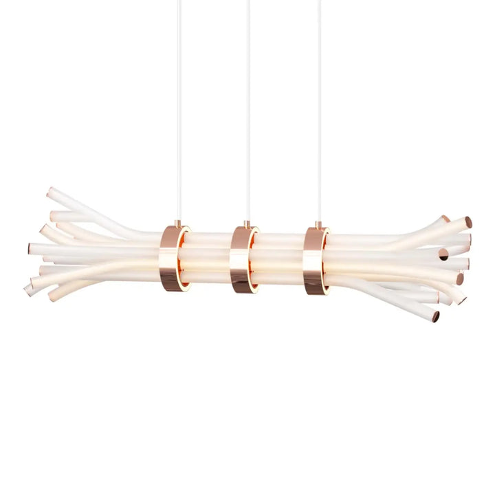 Suspension led branchy moderne avec tubes translucides blancs et anneaux métalliques en or rose