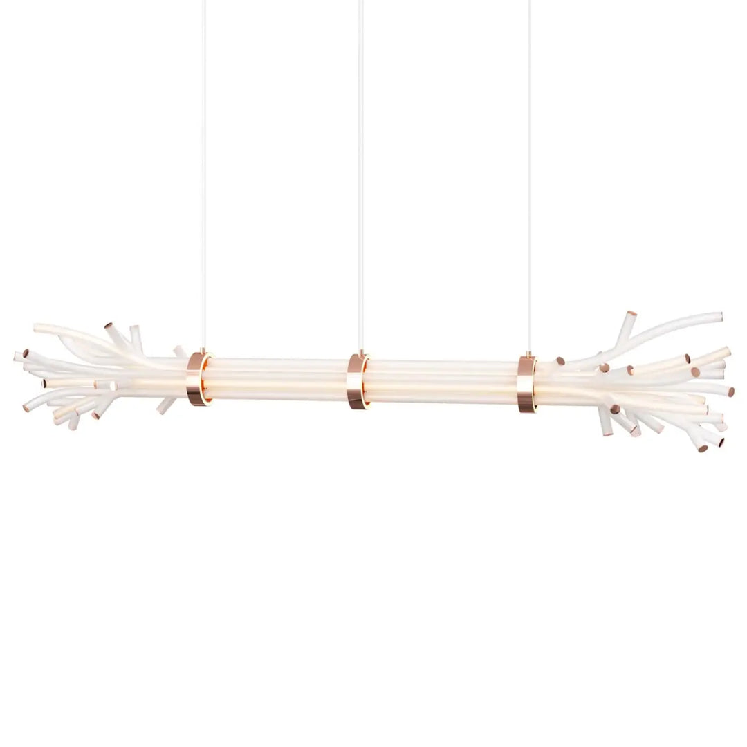 Suspension led branchy avec tube translucide central et bras en acrylique blanc accentués d’anneaux en métal rose gold