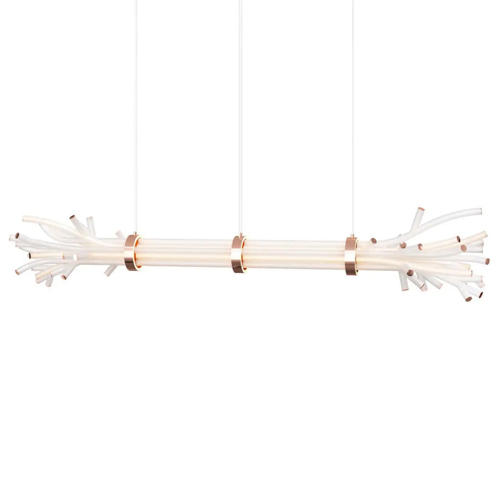 Suspension led branchy avec tube translucide central et bras en acrylique blanc accentués d’anneaux en métal rose gold