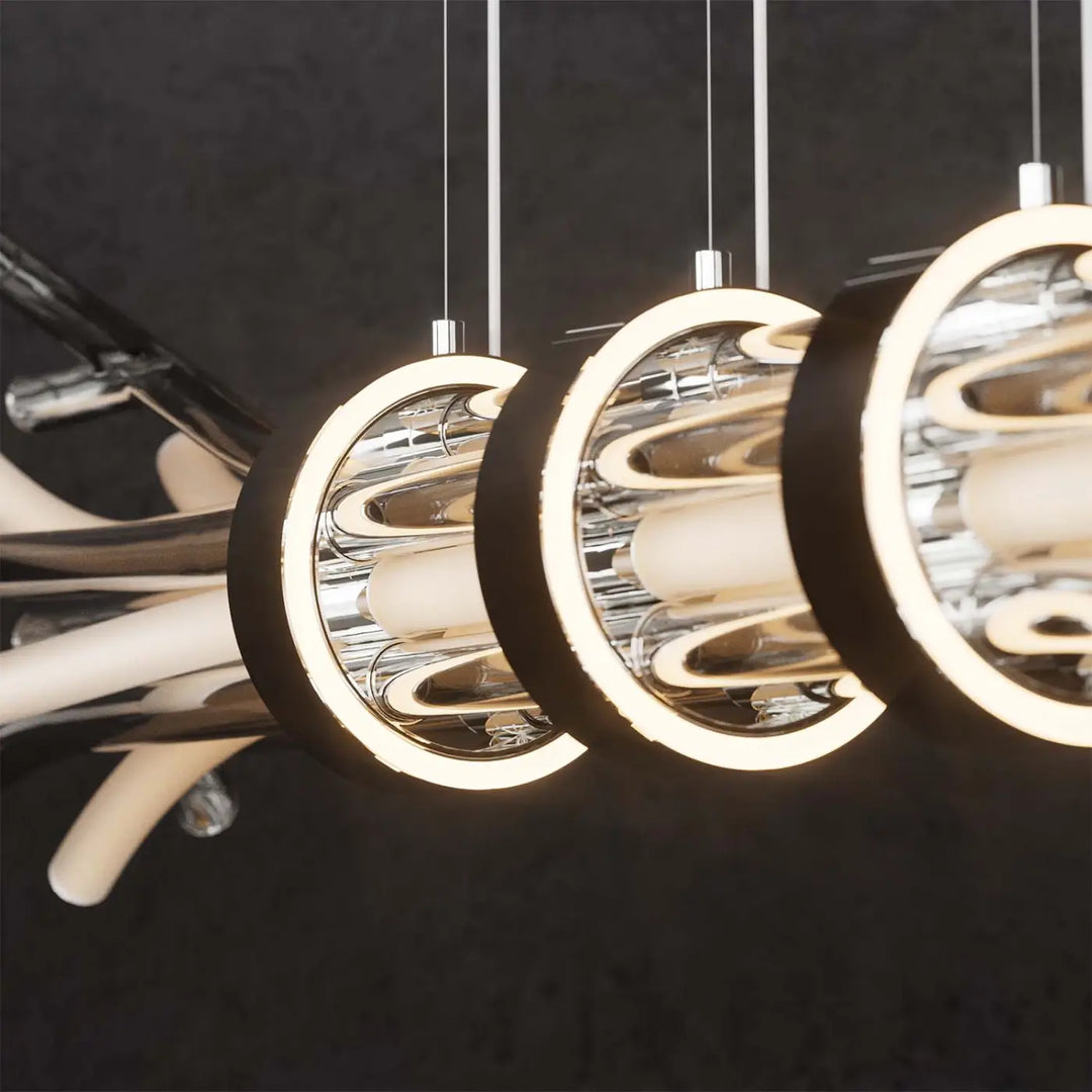 Suspension led branchy moderne avec fixtures circulaires noires et chrome illumines par anneaux led chauds