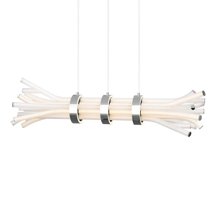 Suspension led branchy moderne avec tubes translucides blancs et anneaux en chrome poli suspendue par cordons fins