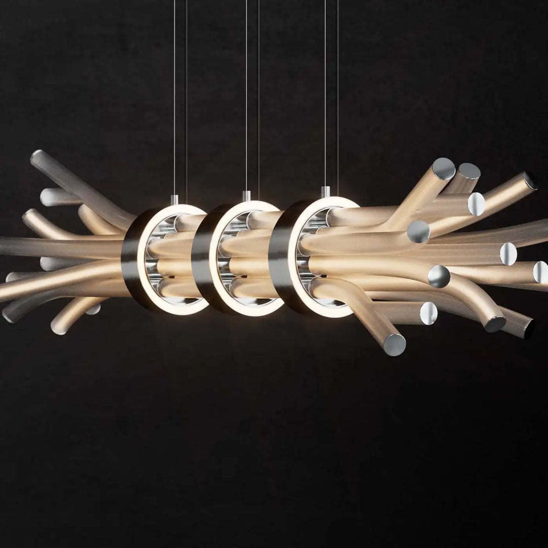 Suspension led branchy moderne en métal doré avec design en branches de bois et anneaux circulaires élégants