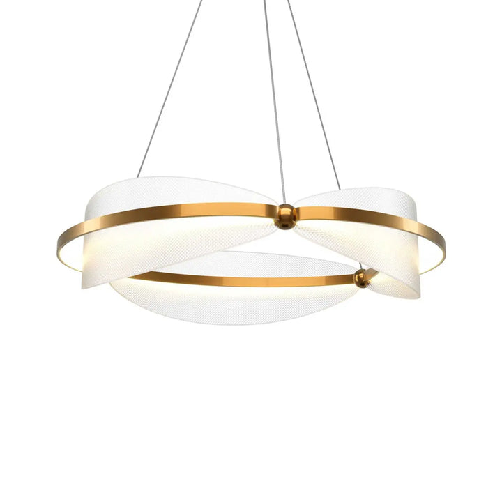 Suspension luminaire breeze anneau en anneau doré moderne avec abat-jours en maille translucide en acrylique texturé au-dessus d’une table