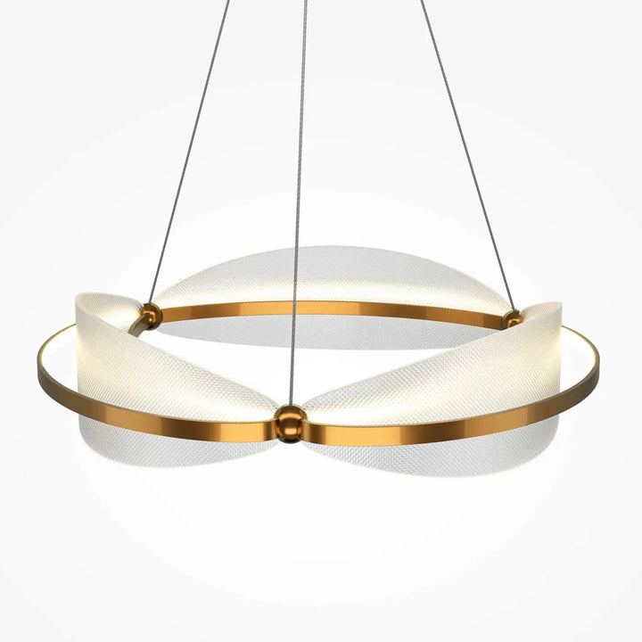 Suspension luminaire breeze anneau en métal doré au-dessus d’une table avec panneaux en acrylique texturé moderne