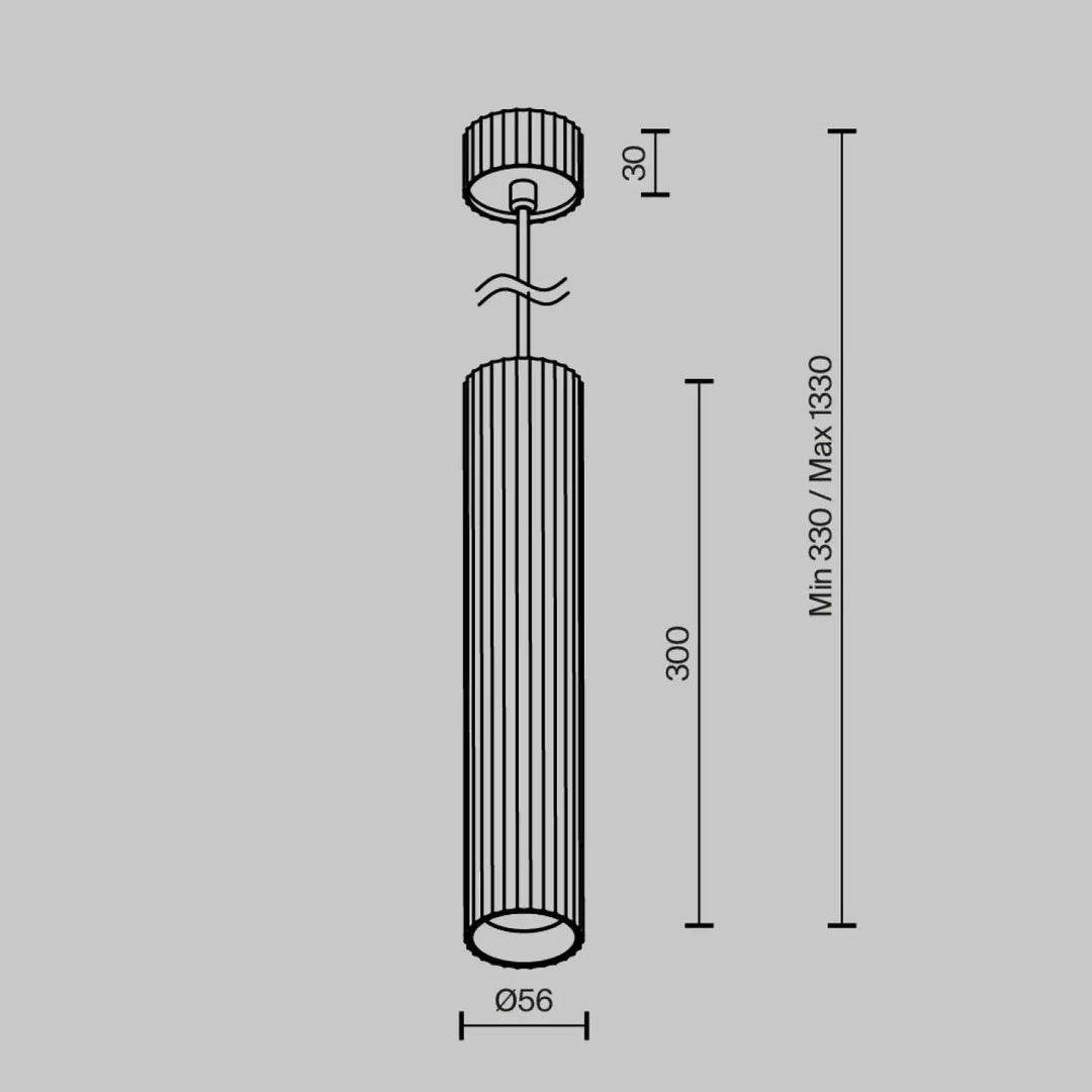 Suspension luminaire calipso tube cylindrique noir avec rainures verticales au-dessus d’un îlot de cuisine