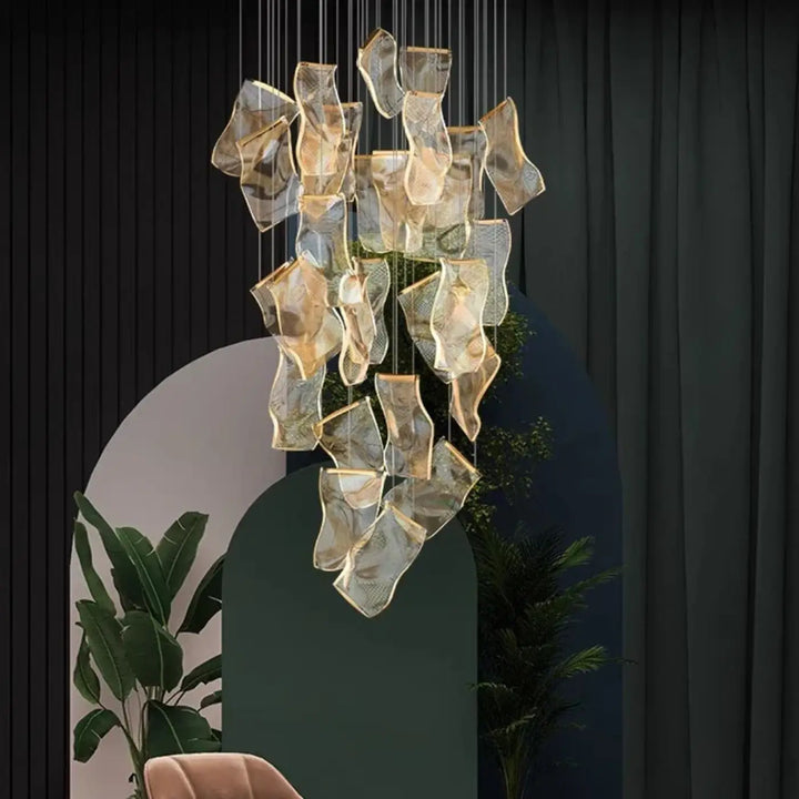 Suspension Cascade Design Verre Sculptural Pour Escalier

