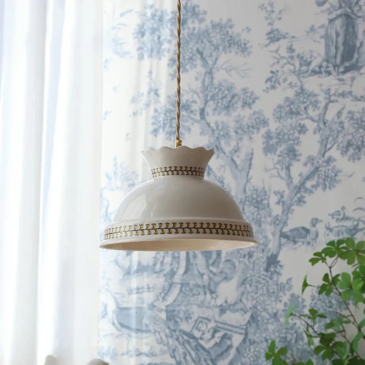 Lustre Suspension Cupole – Laiton Et Céramique Festonnée – 32 Cm – Fabriqué En Italie