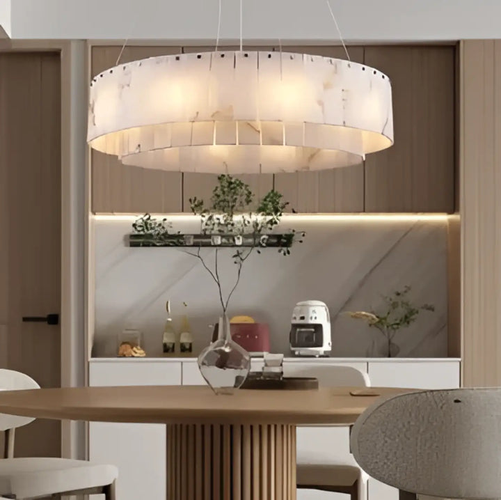 Suspension circulaire effet marbre led design blanc chic