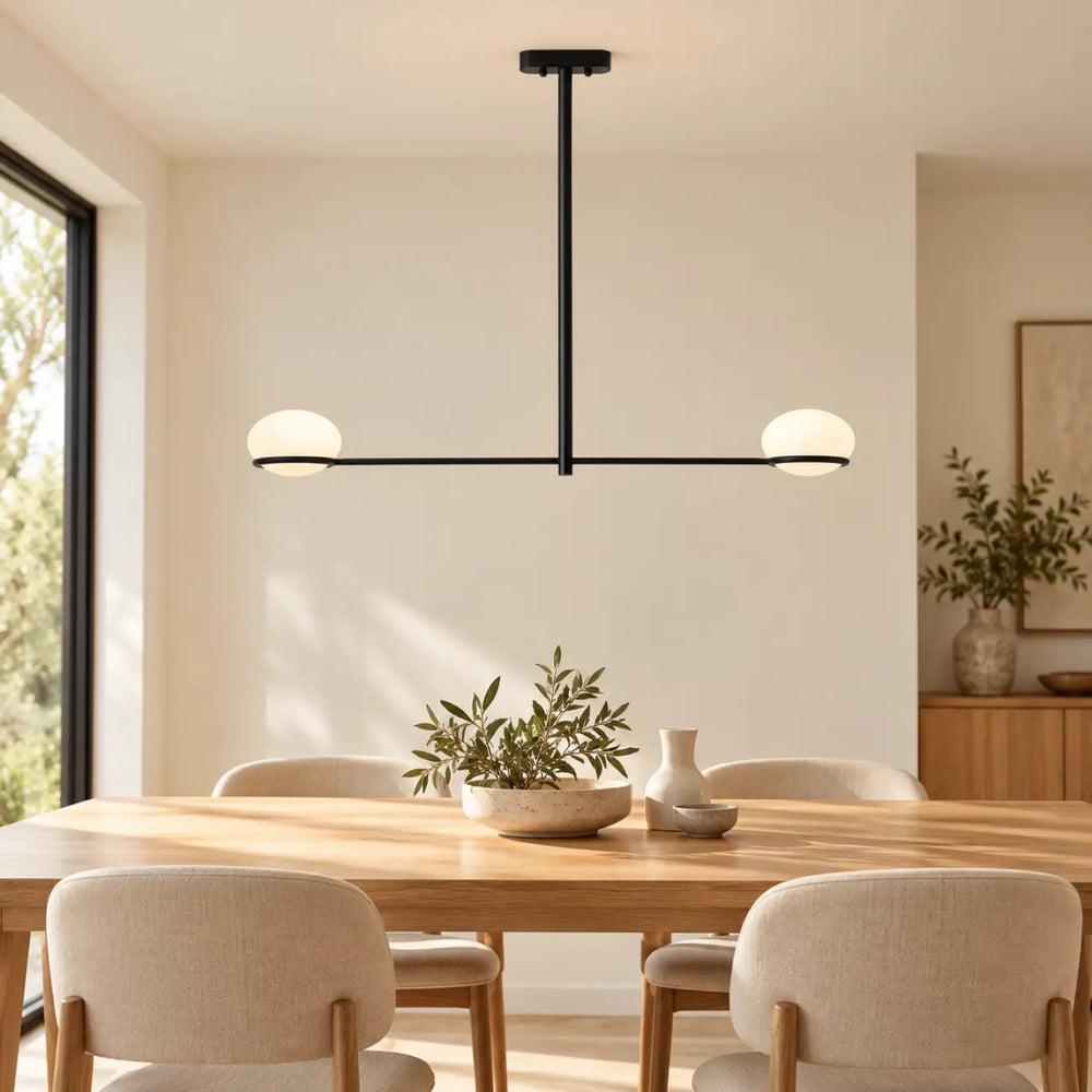 Suspension coco noire minimaliste avec deux globes blancs en polycarbonate opale pour éclairage intérieur moderne