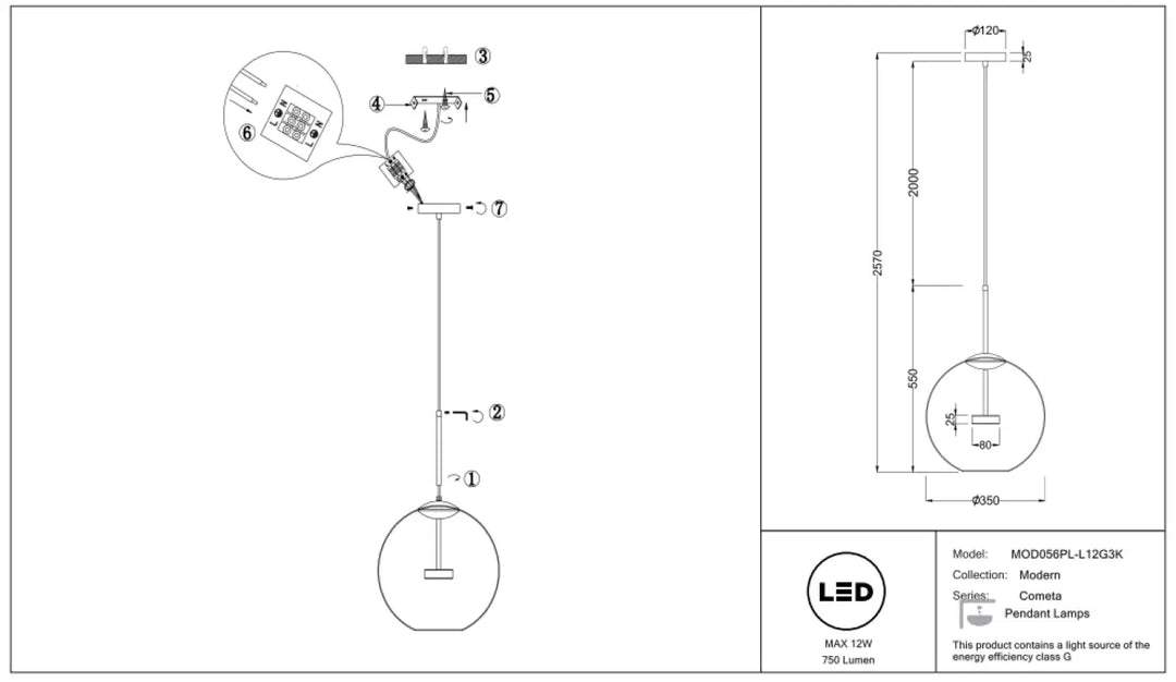 Suspension cometa avec globe en verre soufflé et structure métallique minimaliste au-dessus d’une table moderne
