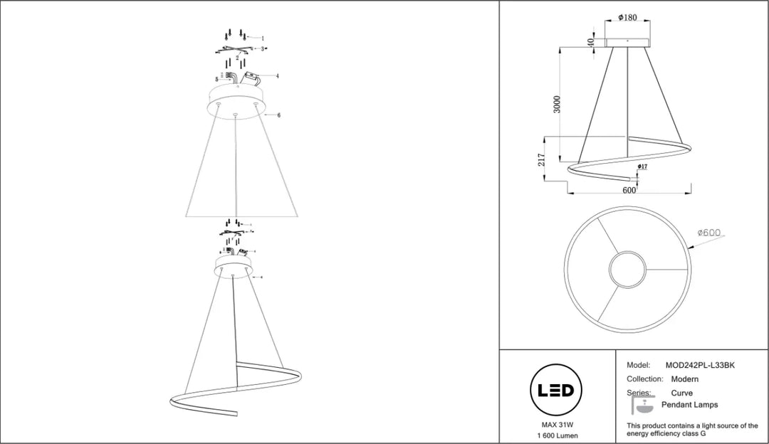 Suspension curve anneau ondulé en aluminium noir avec éclairage led modèle mod24zpl-l38k moderne et élégant