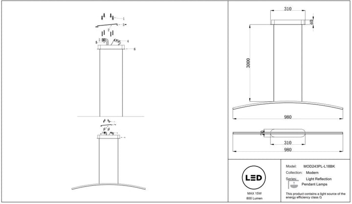 Suspension luminaire curve led linéaire avec design courbé et finition métallique pour salle à manger ou d’un îlot