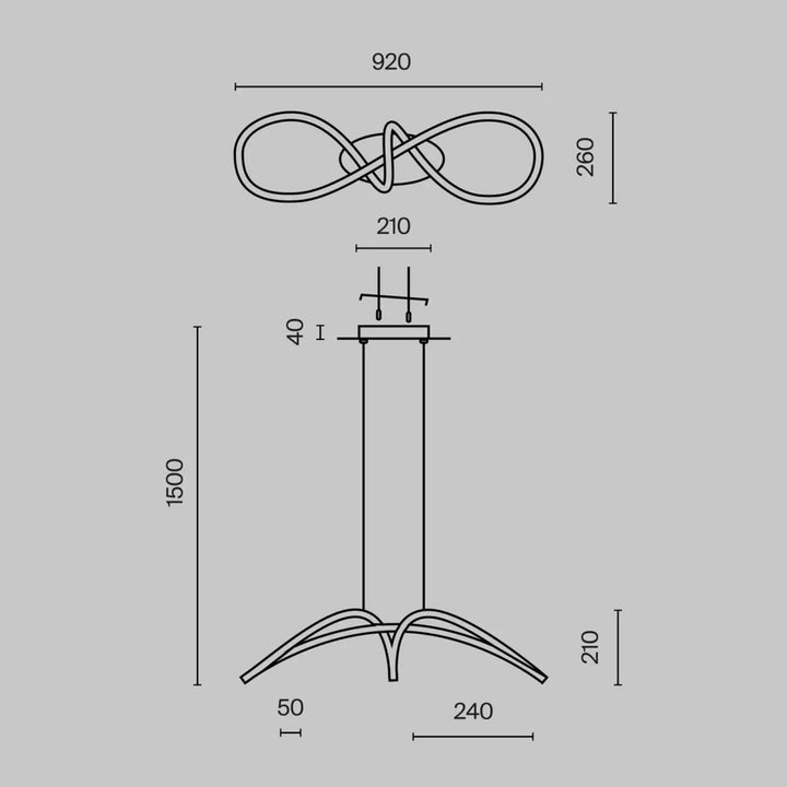 Suspension luminaire nœud infini en aluminium noir avec design minimaliste et dimensions précises suspension curve