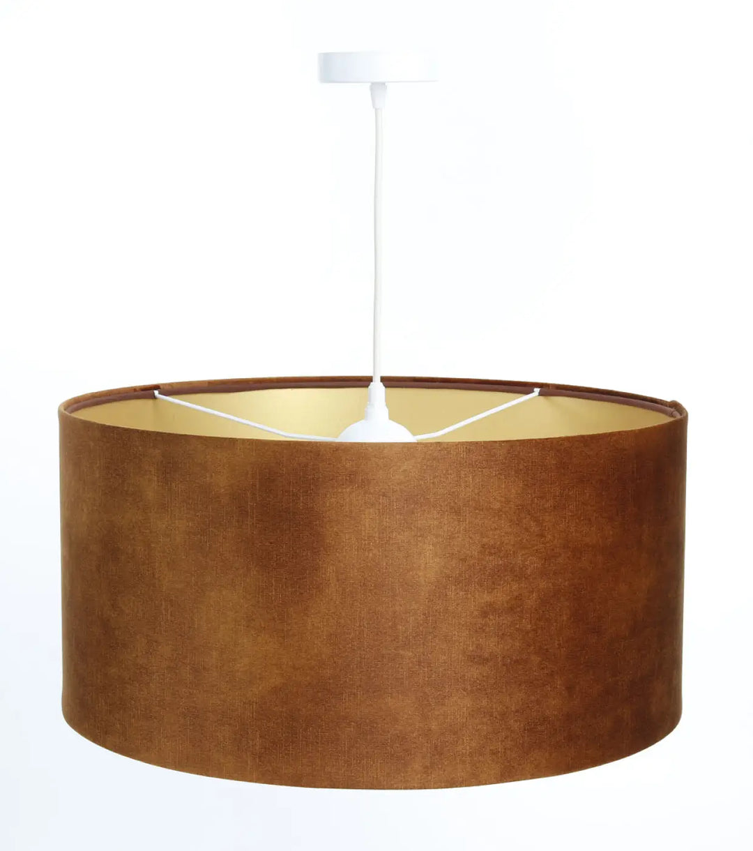 Suspension cylindrique caramel en tissu texturé avec sapporte doré intérieur pour luminaires décoratifs vintage glamour