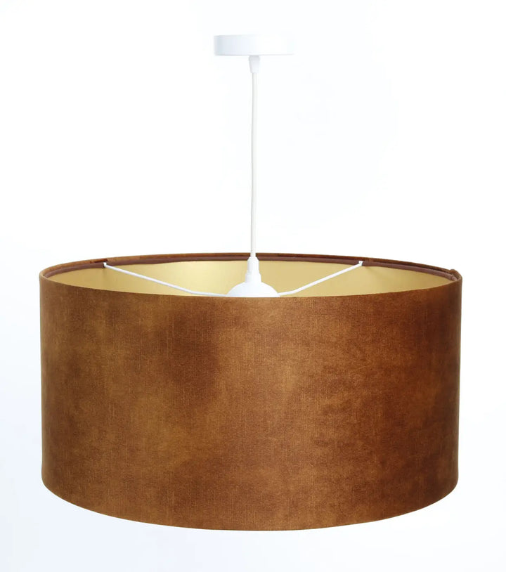 Suspension cylindrique caramel en tissu texturé avec sapporte doré intérieur pour luminaires décoratifs vintage glamour