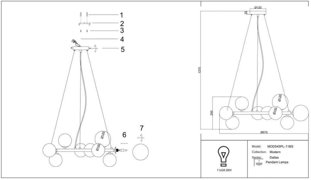 Suspension luminaire dallas couronne art déco avec onze globes en verre sphériques sur barre horizontale