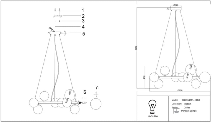 Suspension luminaire dallas couronne art déco avec onze globes en verre sphériques sur barre horizontale