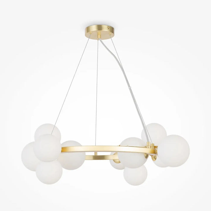 Suspension luminaire dallas couronne en métal doré avec onze globes en verre dépoli art déco circulaire