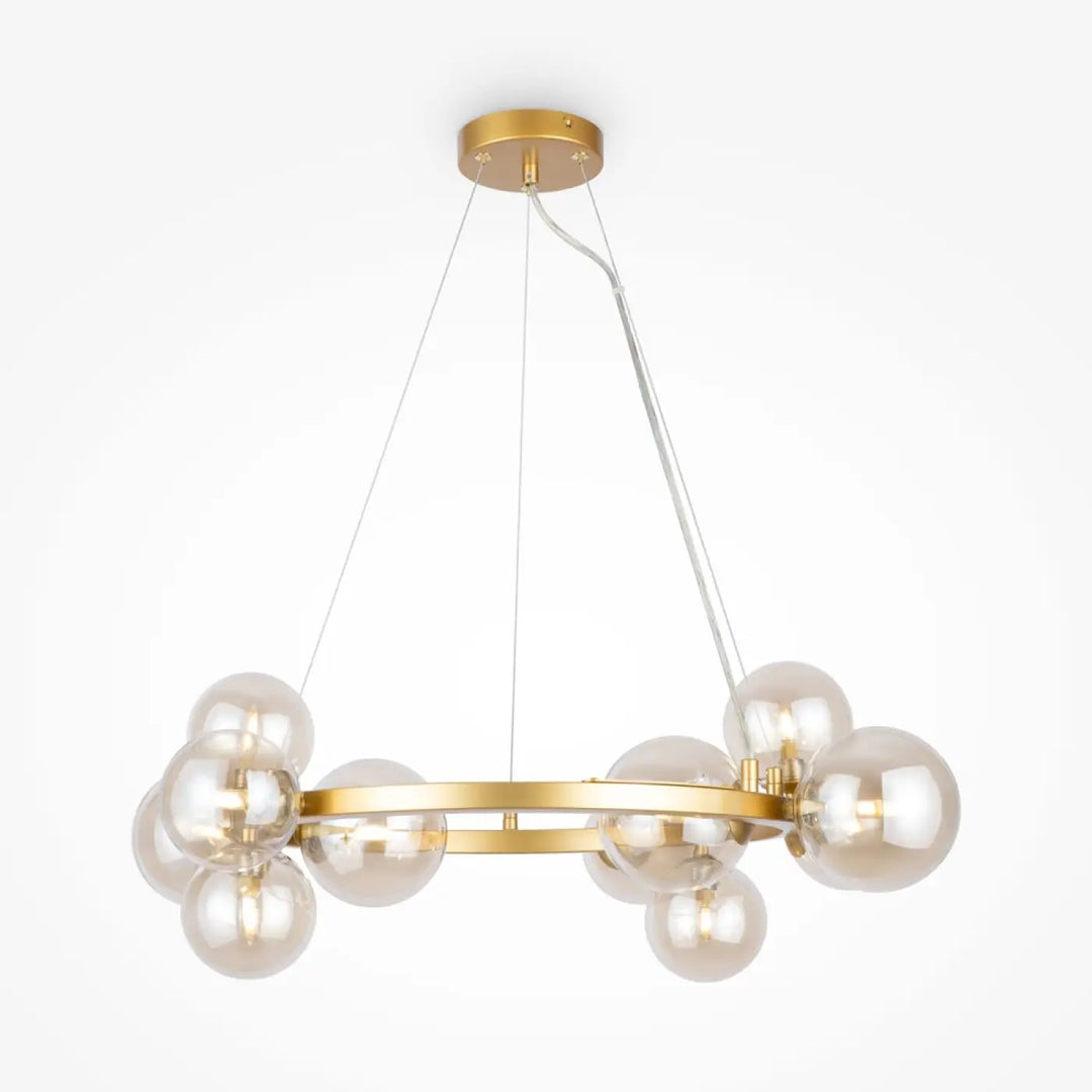 Suspension luminaire dallas couronne art déco en métal doré avec onze globes en verre dépoli