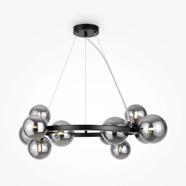 Suspension luminaire dallas couronne noir métal avec onze globes en verre gris reflet art déco moderne