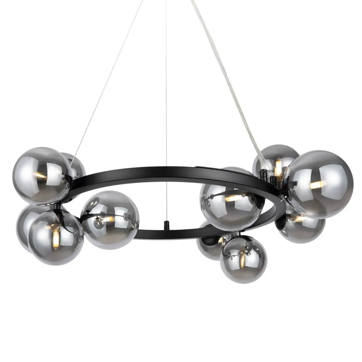 Suspension luminaire dallas couronne en métal noir moderne avec onze globes en verre fumé réfléchissant style art déco
