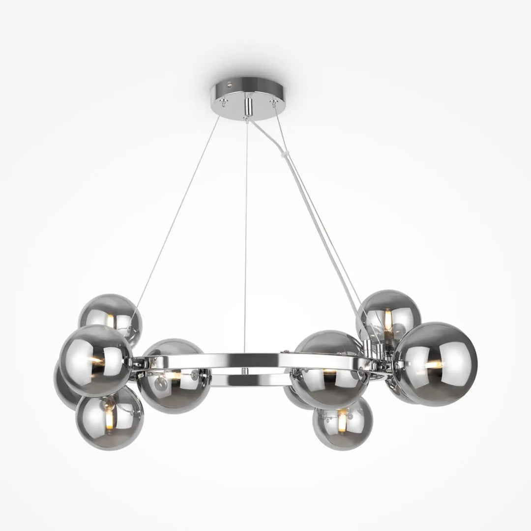 Suspension luminaire dallas couronne chrome avec onze globes sphériques au design moderne et minimaliste art déco