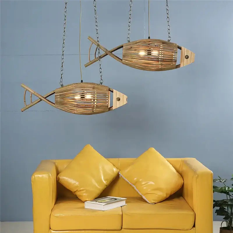 Woven Bamboo Fish Pendant Lights Restaurant Light Retro Bar Creative Teahouse Lamp Living Room Wall Decor Farm Hotel