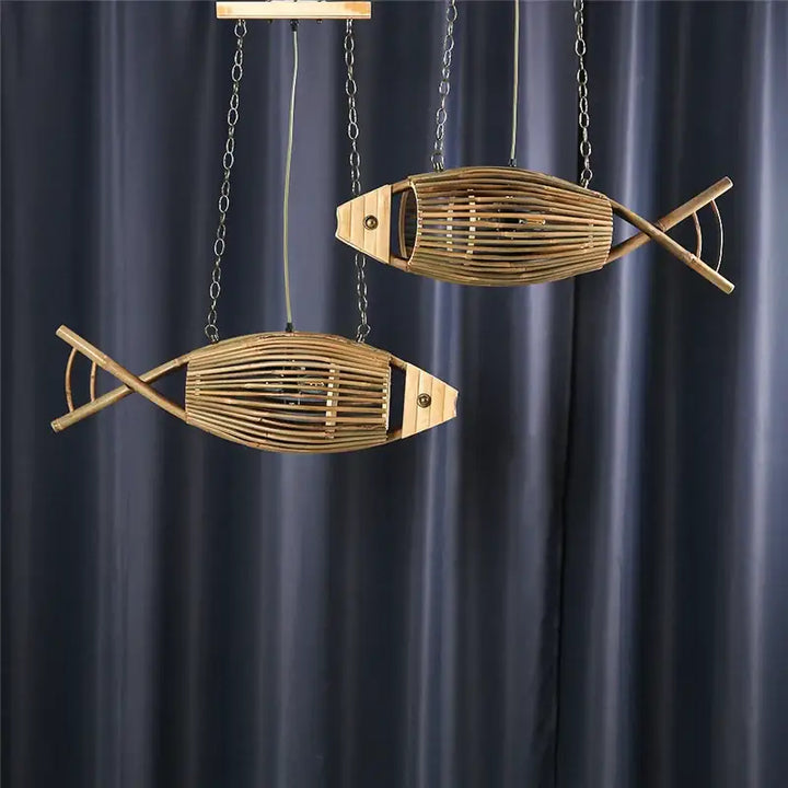 Woven Bamboo Fish Pendant Lights Restaurant Light Retro Bar Creative Teahouse Lamp Living Room Wall Decor Farm Hotel