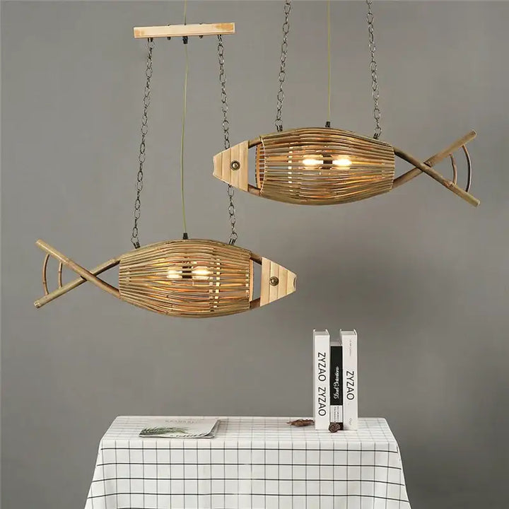 Woven Bamboo Fish Pendant Lights Restaurant Light Retro Bar Creative Teahouse Lamp Living Room Wall Decor Farm Hotel