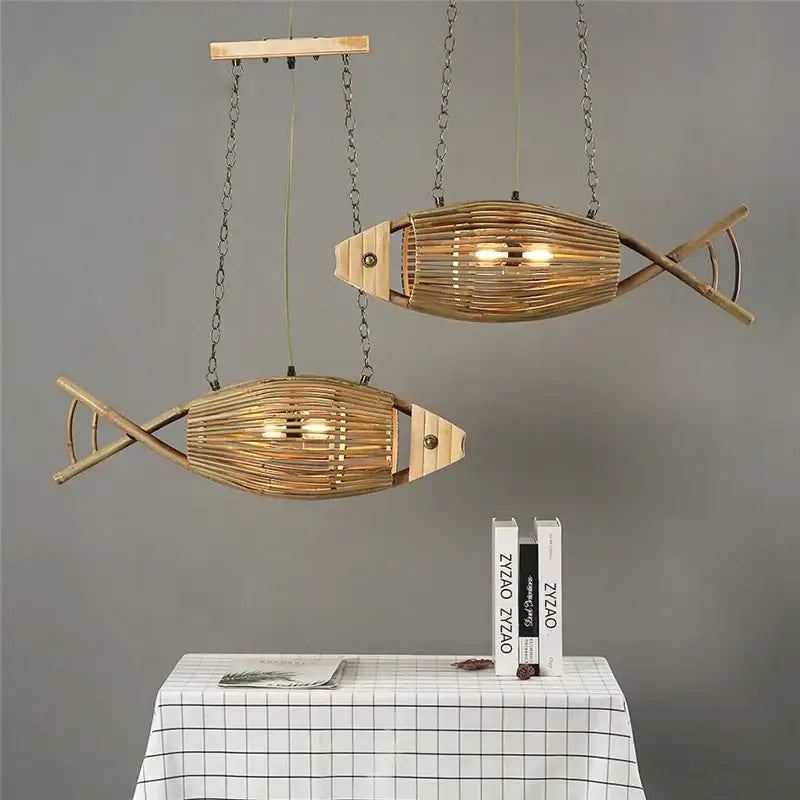 Woven Bamboo Fish Pendant Lights Restaurant Light Retro Bar Creative Teahouse Lamp Living Room Wall Decor Farm Hotel