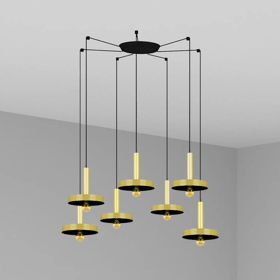 Suspension Whizz 7 lumières or satiné et noir de Faro Barcelona