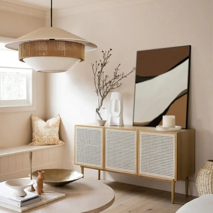 Suspension design blanche jute naturelle ambiance élégante