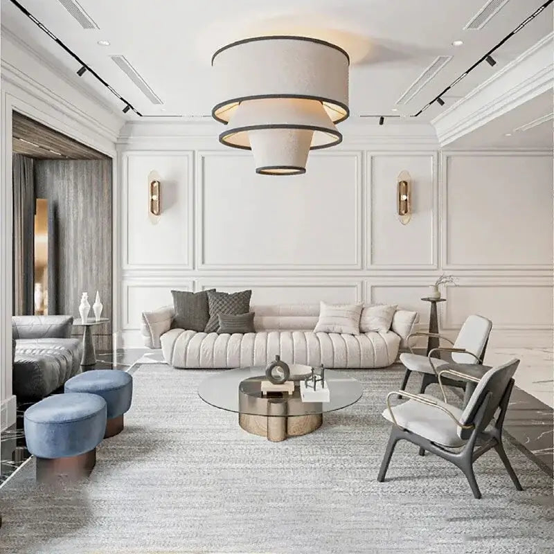 Suspension design conique en tissu beige et cerclages noirs

