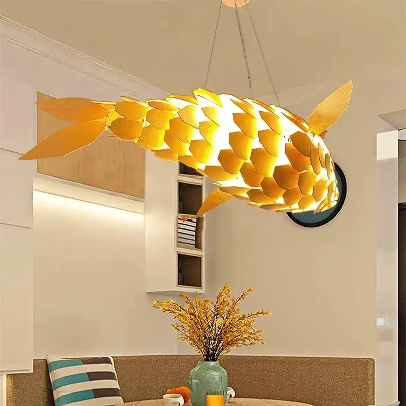 Wabi Sabi Handmade Wooden Fish Pendant Light Japanese Vintage LED hanging Light Living Room Hotel Lobby Club Dining