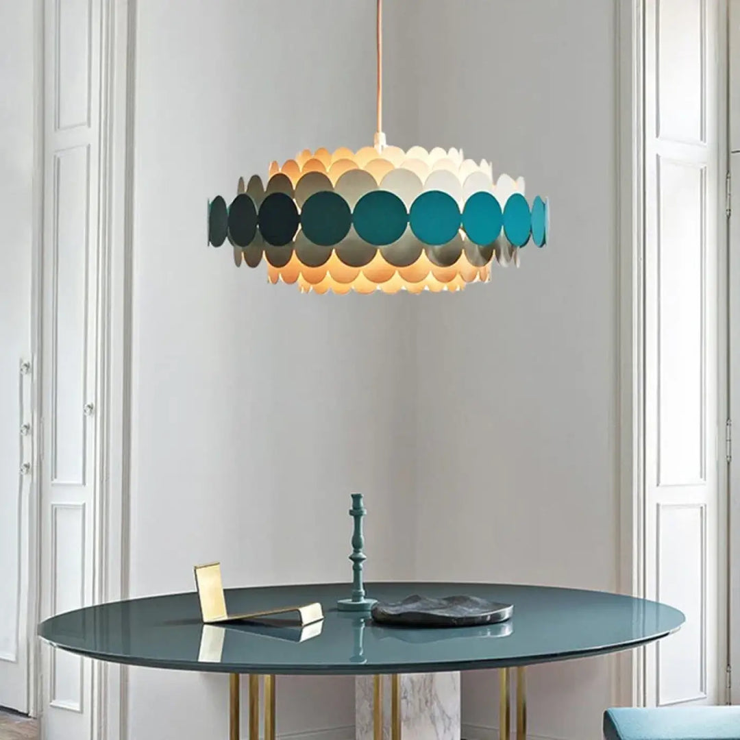 Suspension luminaire calou un chandelier de plafond minimaliste moderne aux disques ondulés chevauchants teal et crème