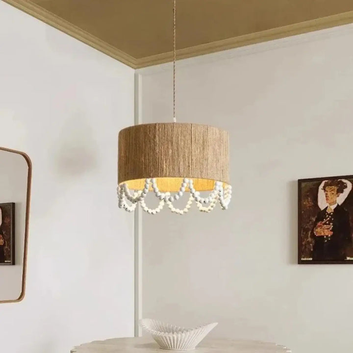 Suspension design naturelle en chanvre et perles en bois