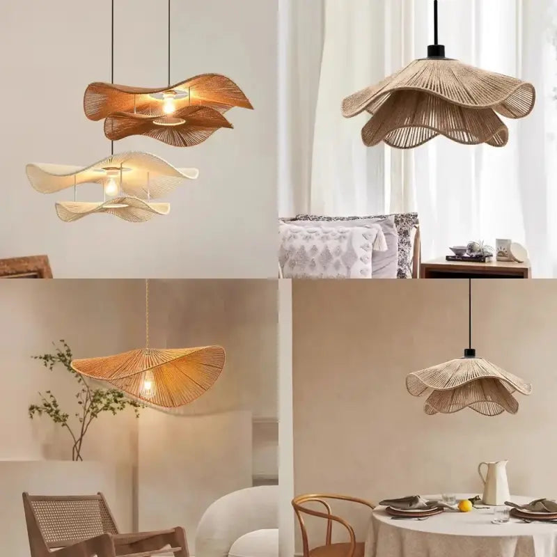 Suspension design rotin ondulé forme fleur bohème naturel