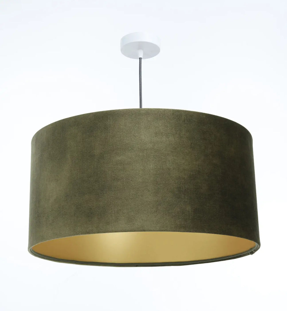 Suspension design vert olive en velours avec intérieur doré et support plafond blanc pour éclairage décoratif intérieur