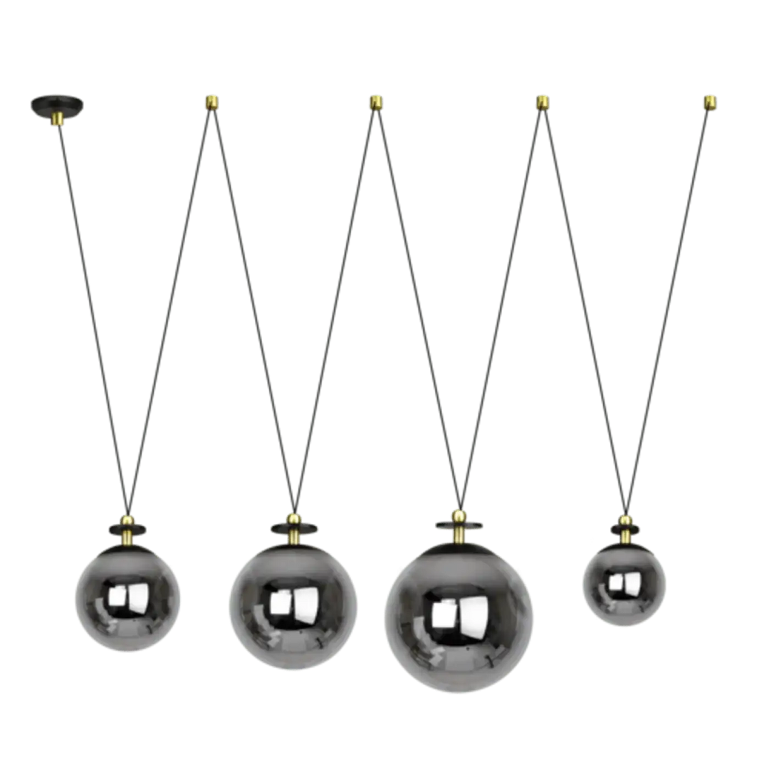 Suspension diane avec boules métalliques polies argentées et cordons noirs en suspension luminaire moderne
