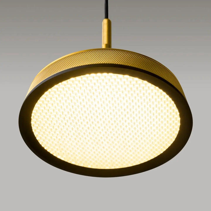 Suspension luminaire el led avec cadre circulaire texturé or doré en aluminium noir pour une lumière douce et diffuse