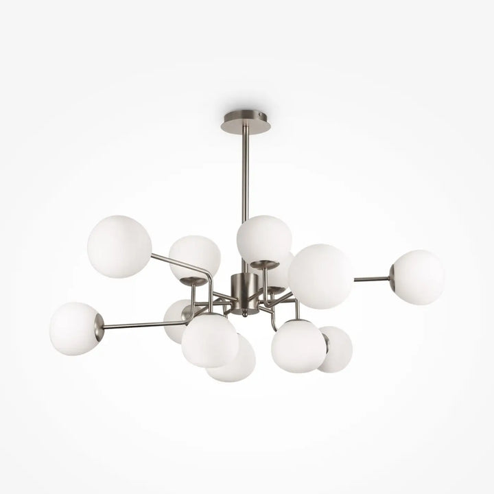 Suspension luminaire erich art déco en nickel brossé avec plusieurs globes en verre soufflé dépoli moderne