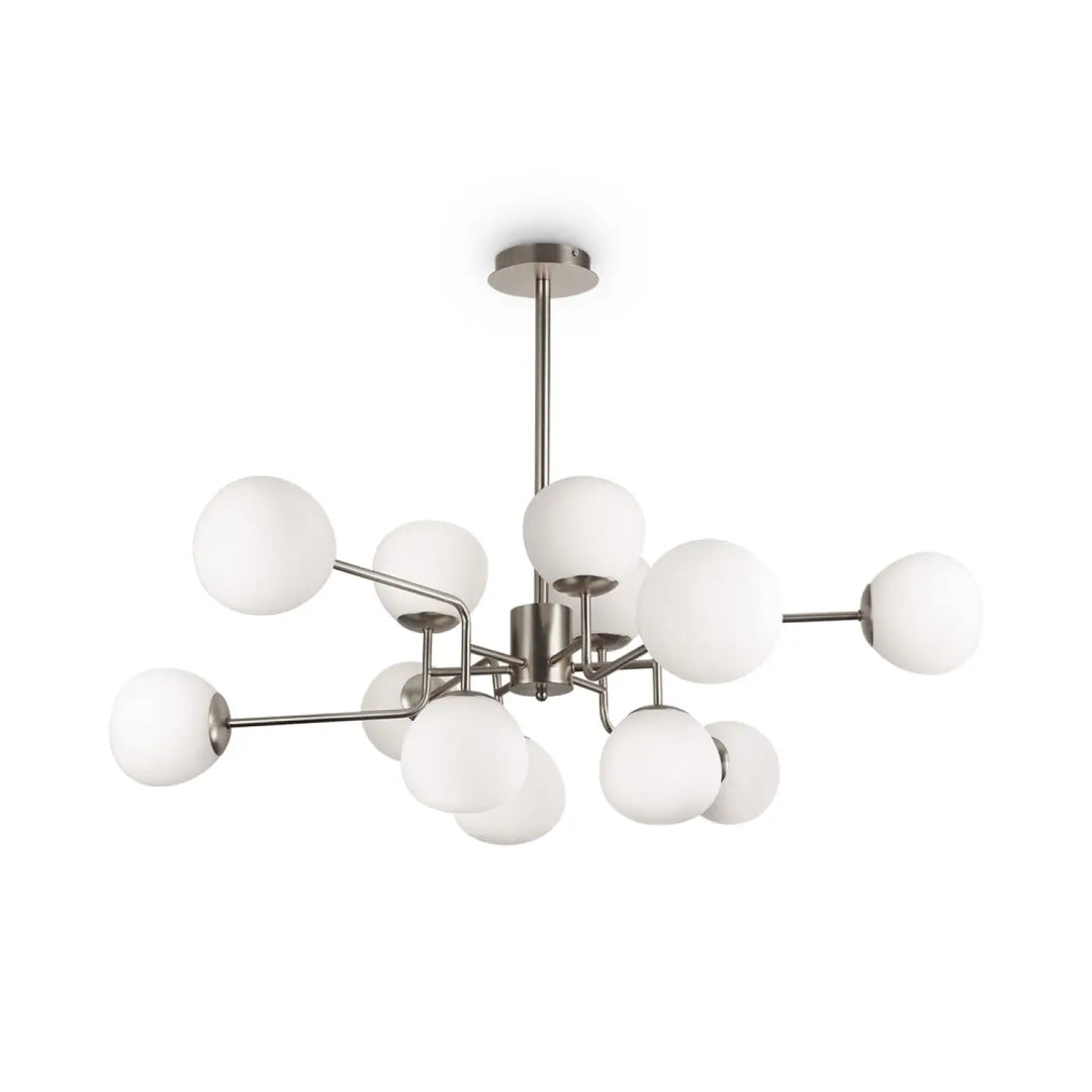 Suspension erich art déco avec finitions nickel brossé et globes en verre soufflé blanc givré multiple