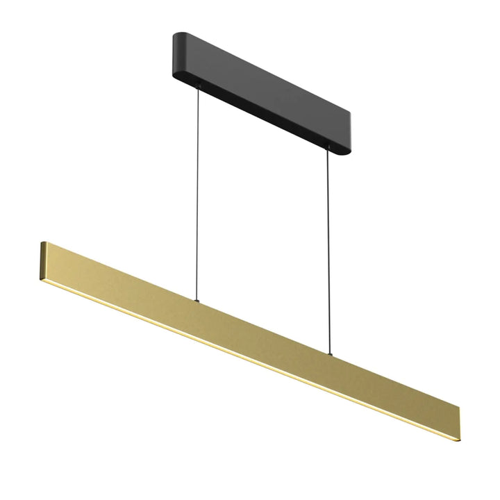 Suspension luminaire euphoria linéaire au-dessus d’une table avec led linéaire et lift intégré noir et or moderne