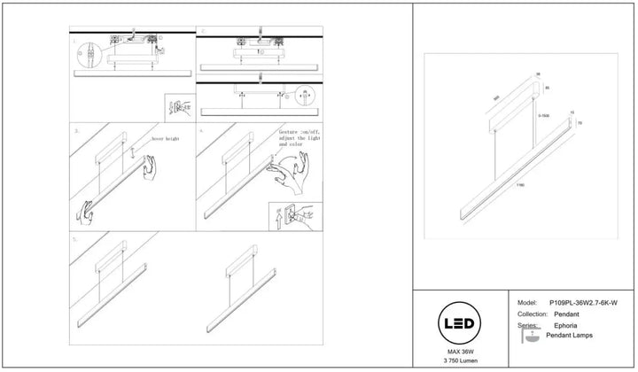 Suspension luminaire euphoria led linéaire au design linéaire blanc avec lift intégré et réglage de la luminosité au-dessus d’une table