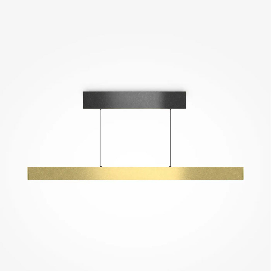 Suspension luminaire euphoria linéaire avec lift intégré led linéaire au-dessus d’une table en or poli et support noir minimaliste
