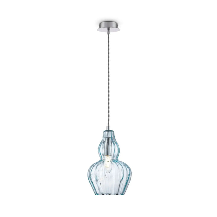 Suspension eustoma en verre soufflé bleu clair avec surface nervurée et finition chrome pour d’une table ou d’un îlot